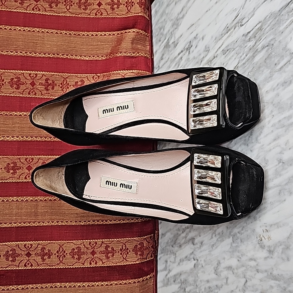 Miu Miu Black Suede Crystal Embellished Peep Toe Platform Pumps Size 37